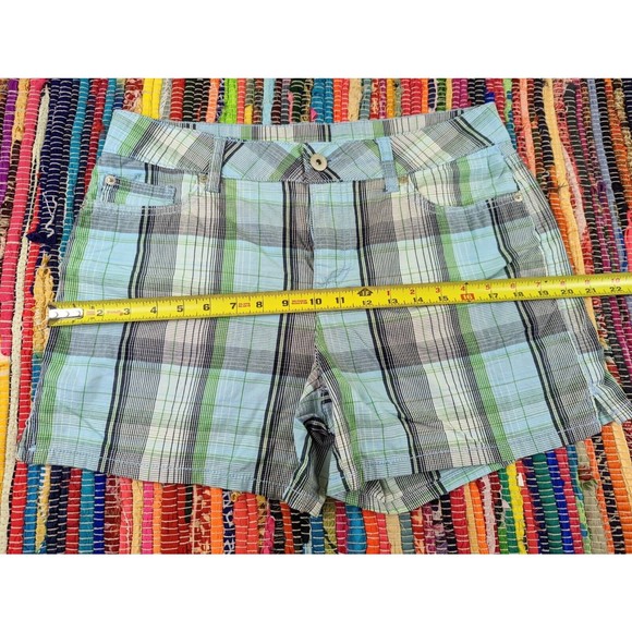 FADED GLORY Women 10 Blue Green Plaid Mid Rise Stretch Chino Shorts Flap Pockets - Picture 7 of 9